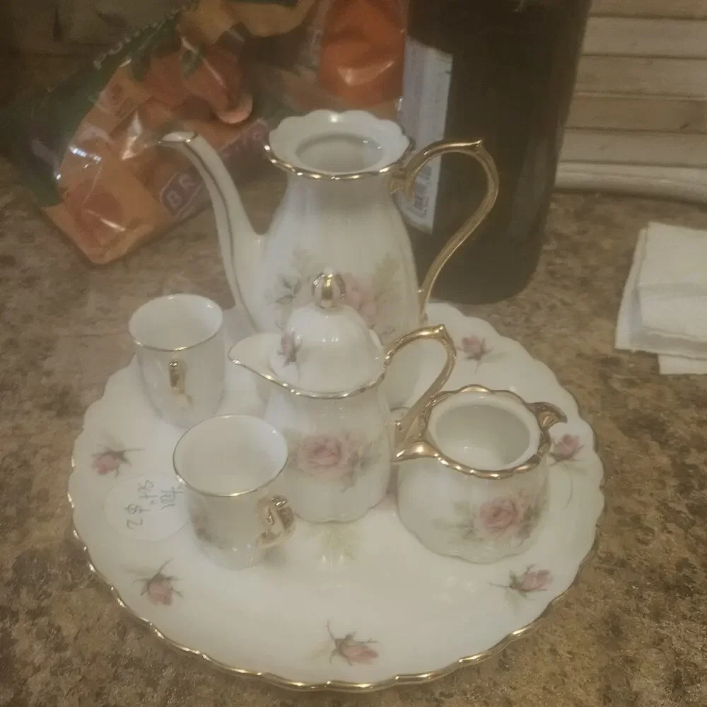 Victorian 10 Piece Porcelain Pink Rose Mini Tea Set With Gold Trim Dollhouse